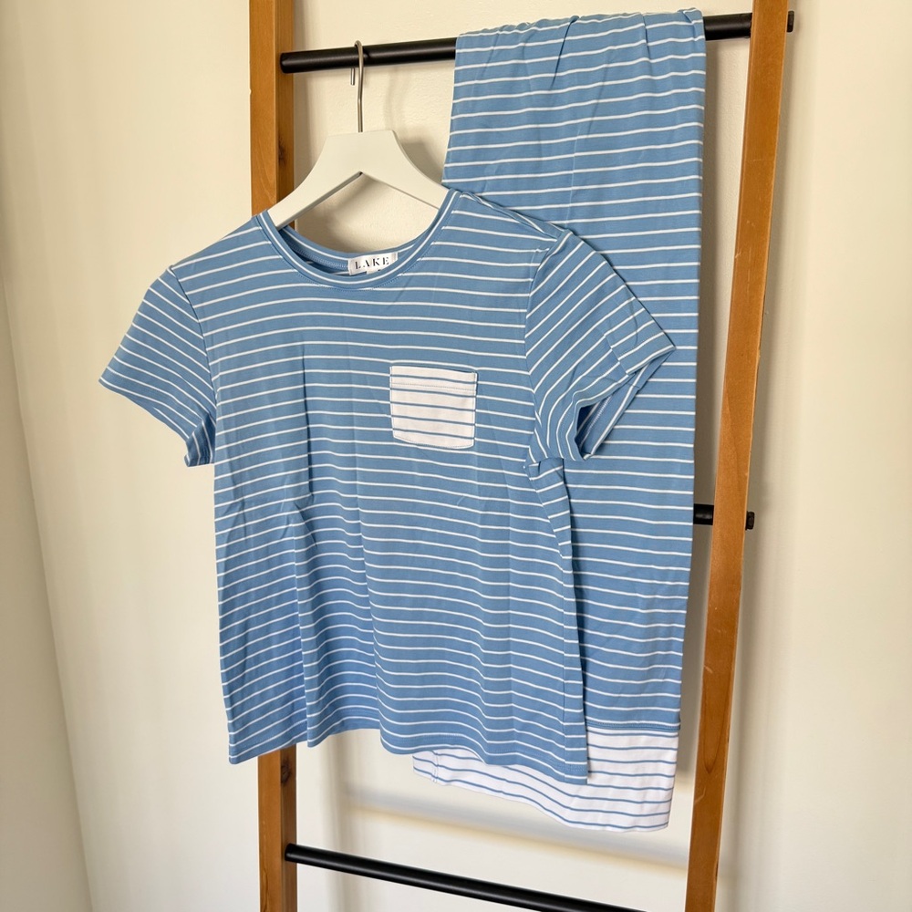 LAKE Pajamas Pima Crew Wide Leg PJ Set Baltic Blue Stripe